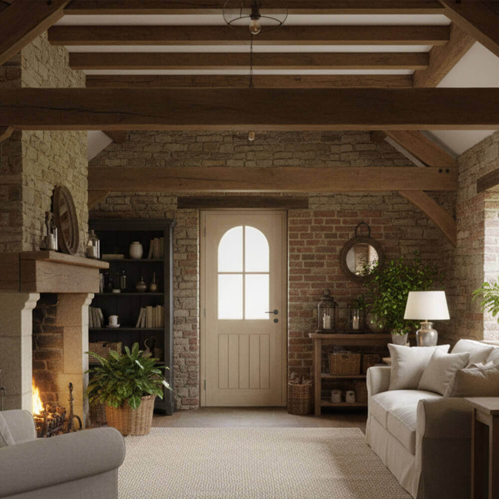 Lifestyle Mexicano arched square top glazed prefinished blonde oak door installed