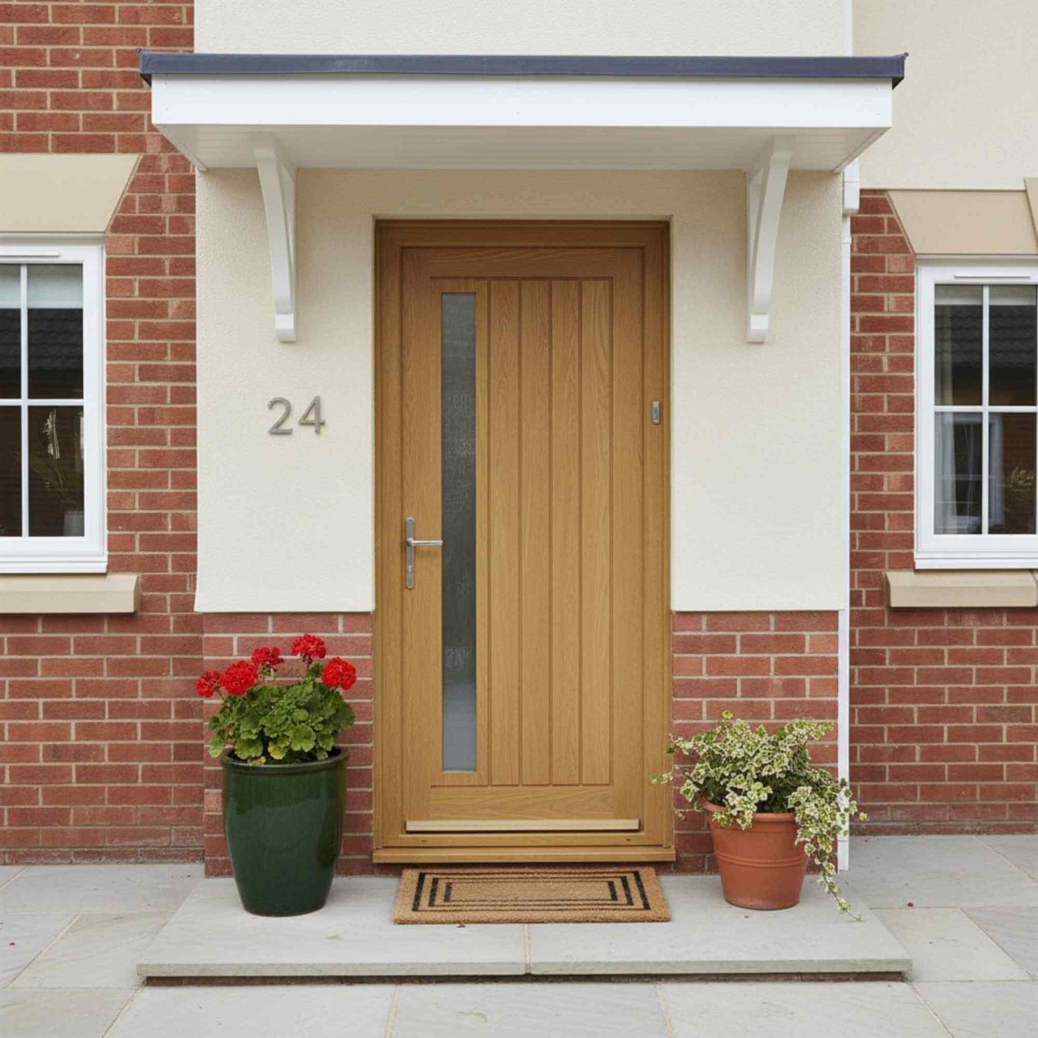 Wooden front door with glass panel on a brick house exterior