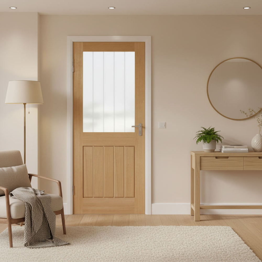 Lifestyle Mexicano half light clear glazed frosted lined prefinished door installed