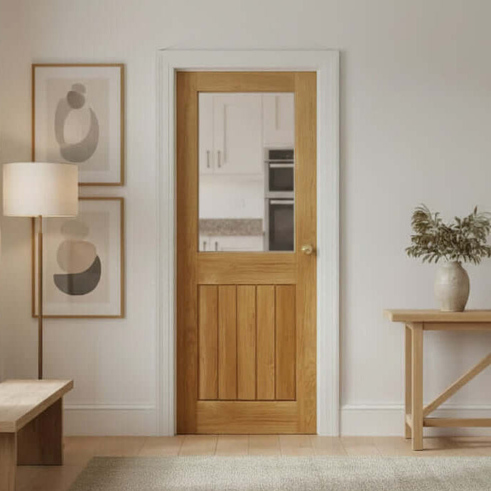 Lifestyle Mexicano contemporary half glazed solid oak door installed