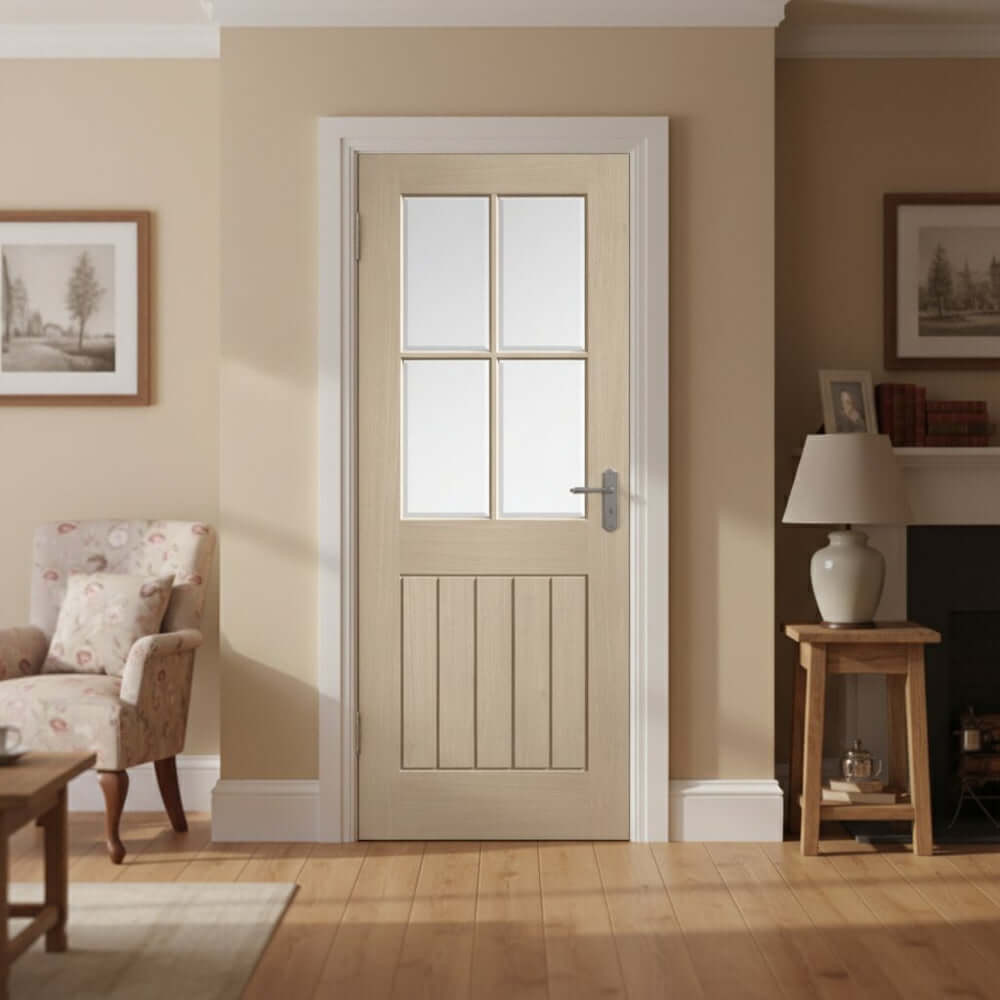 Product Mexicano glazed four lite prefinished blonde oak door