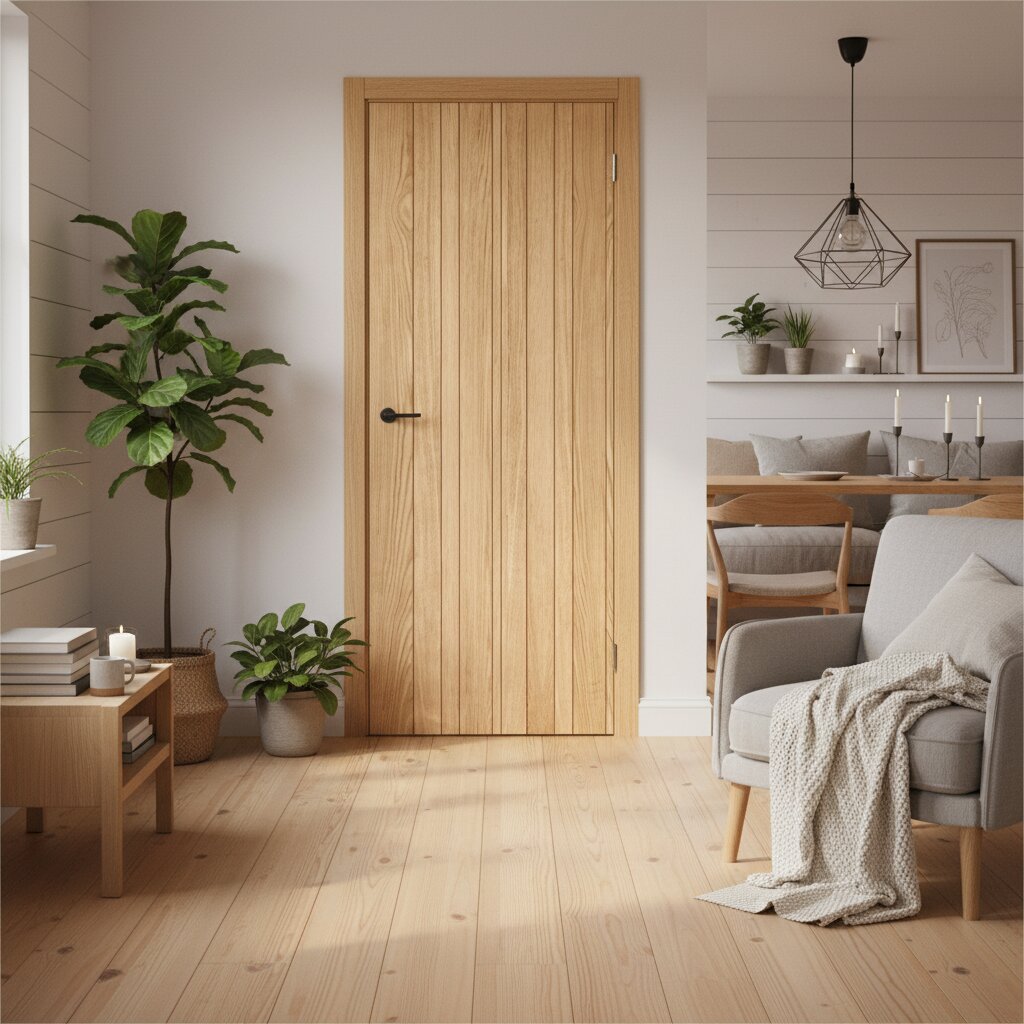 Modern Flush Oak Panelled Prefinished Internal Door in a Scandinavian cabin style interior lifestyle image