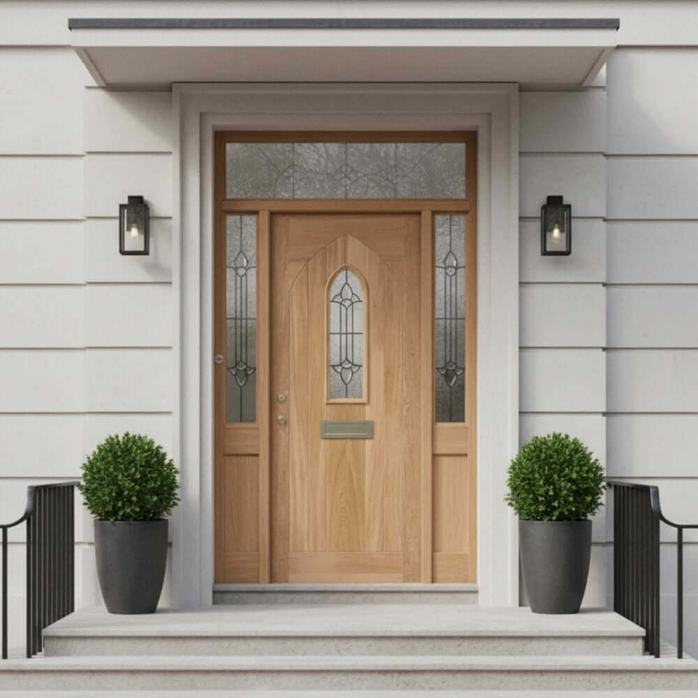Lifestyle oak Westminster external door installed in white entrance