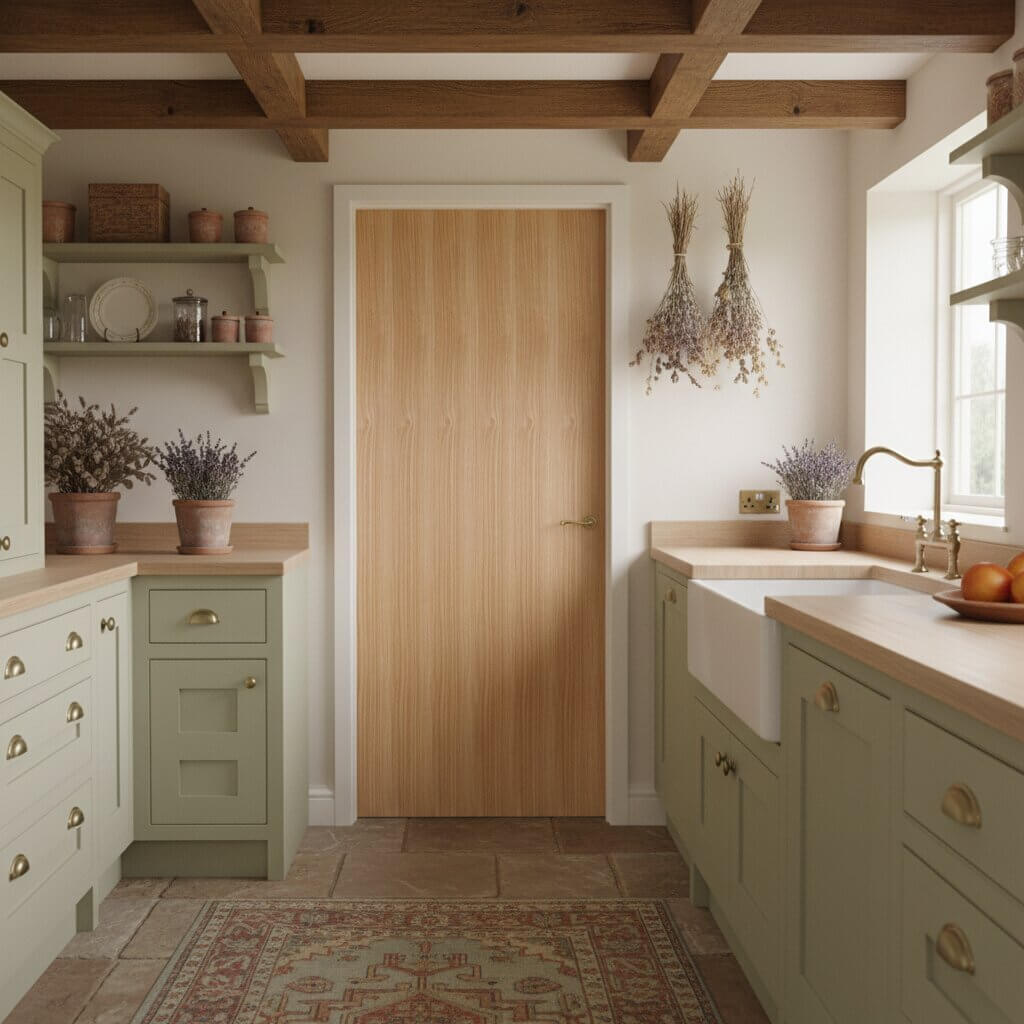 Lifestyle prefinished oak flush fire door installed in country kitchen