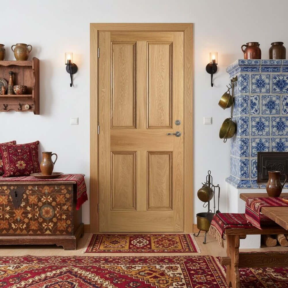 Lifestyle oak veneer four panel door installed in ornate room