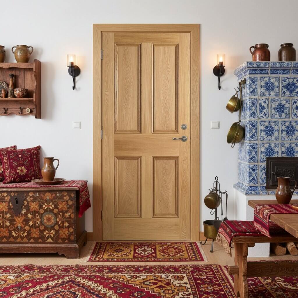 Traditional room with wooden door, tiled fireplace, and decorative elements.