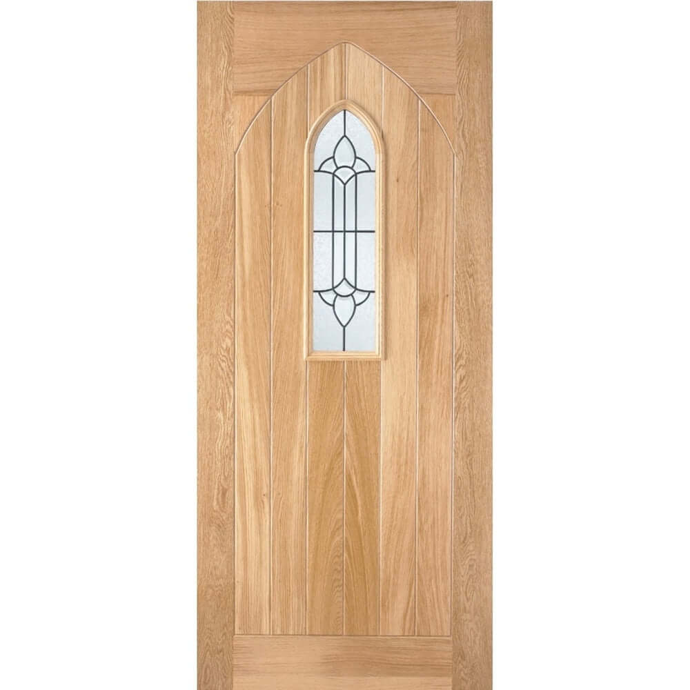 Product oak Westminster external door with decorative arched glass