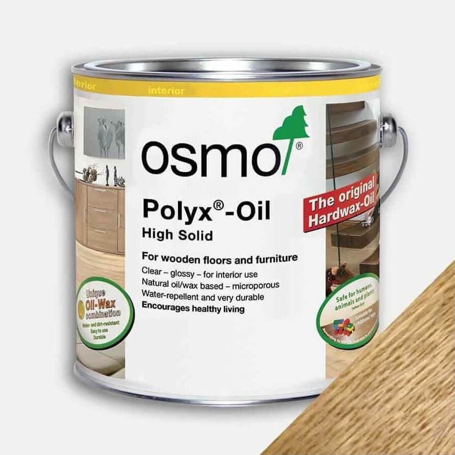 Product Osmo Polyx Oil clear gloss tin with oak swatch