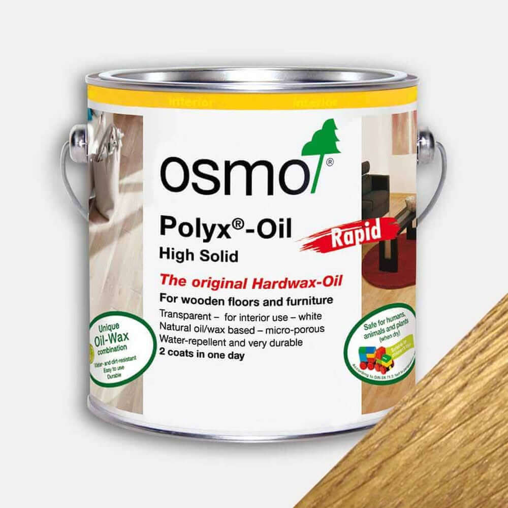 Product Osmo Polyx Oil rapid clear satin tin with oak swatch