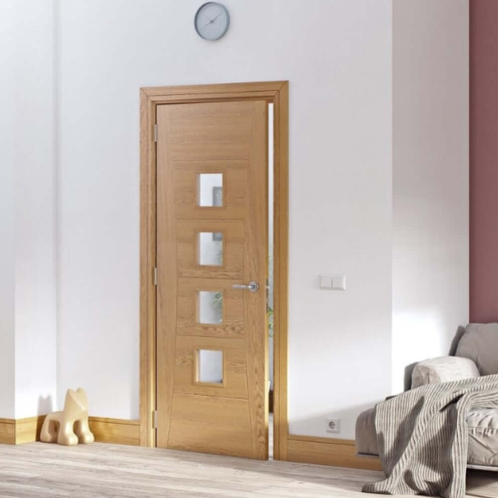 Lifestyle Pamplona glazed prefinished oak fire door installed in room