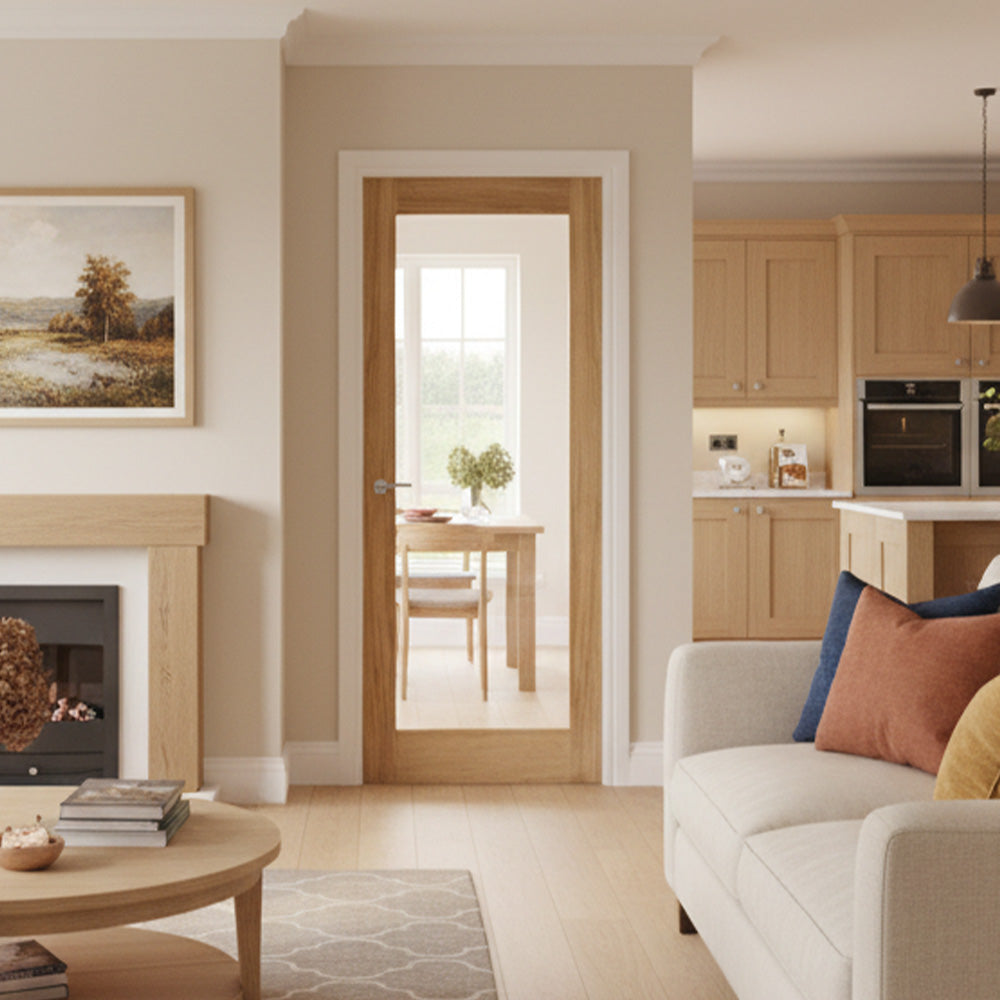Lifestyle Pattern 10 one panel glazed oak door installed in room