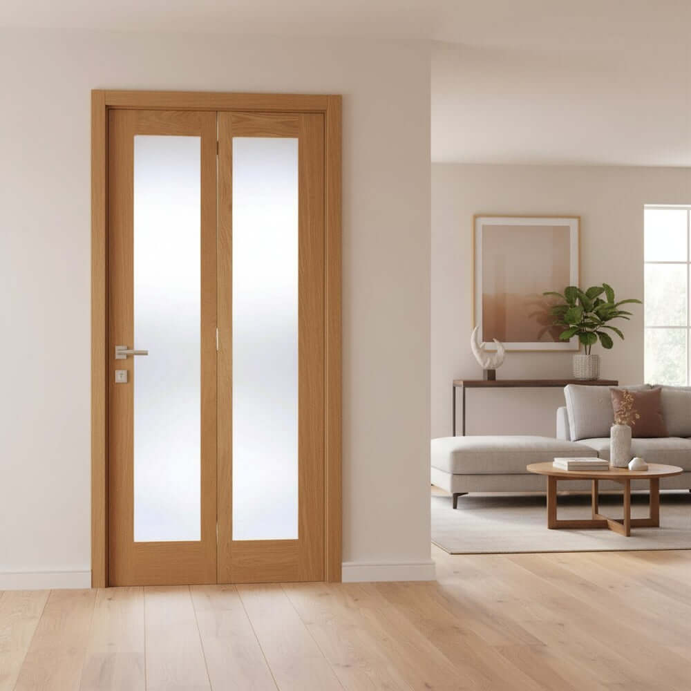 Lifestyle Pattern 10 Glazed Oak Bi-Fold Door installed in a room setting