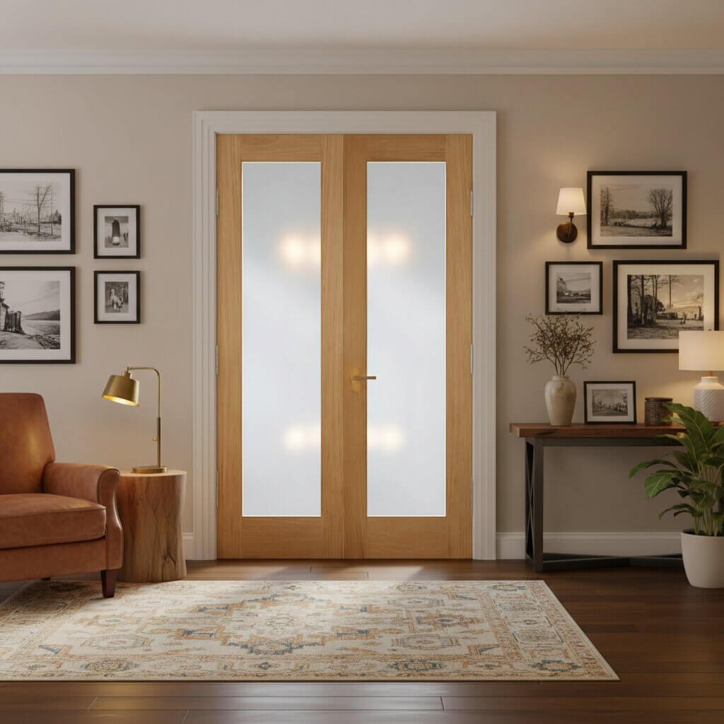 Pattern 20 Oak Clear Glazed Internal Door Pair Lifestyle Image
