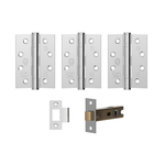 Product Set of metal hinges and a lock mechanism on a white background
