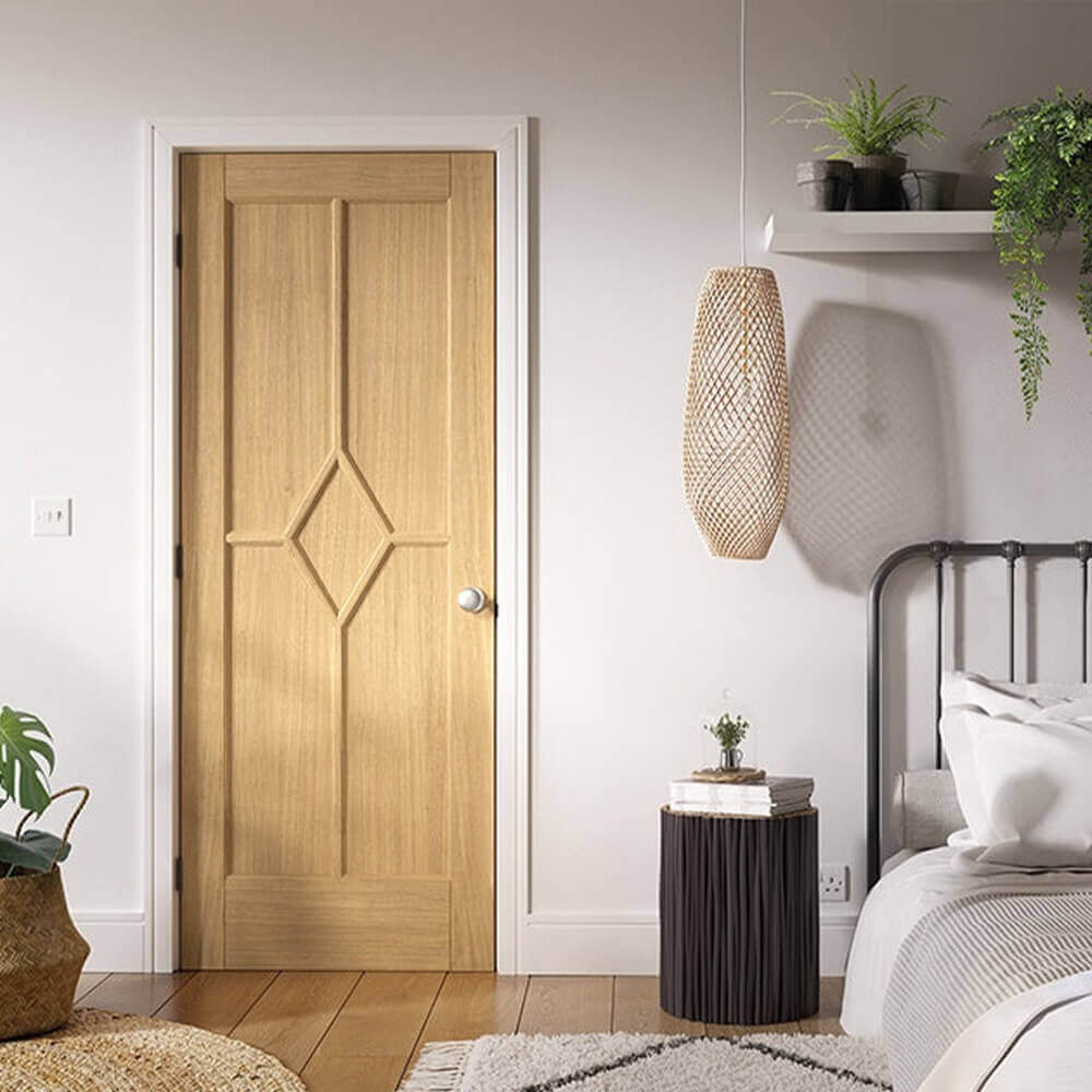 Lifestyle Reims five panel diamond prefinished oak FD30 fire door installed