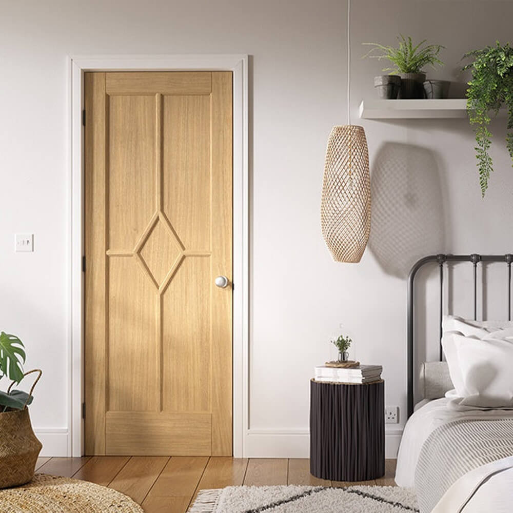 Reims 5 Panel Diamond Prefinished Oak Fire Door Lifestyle Image