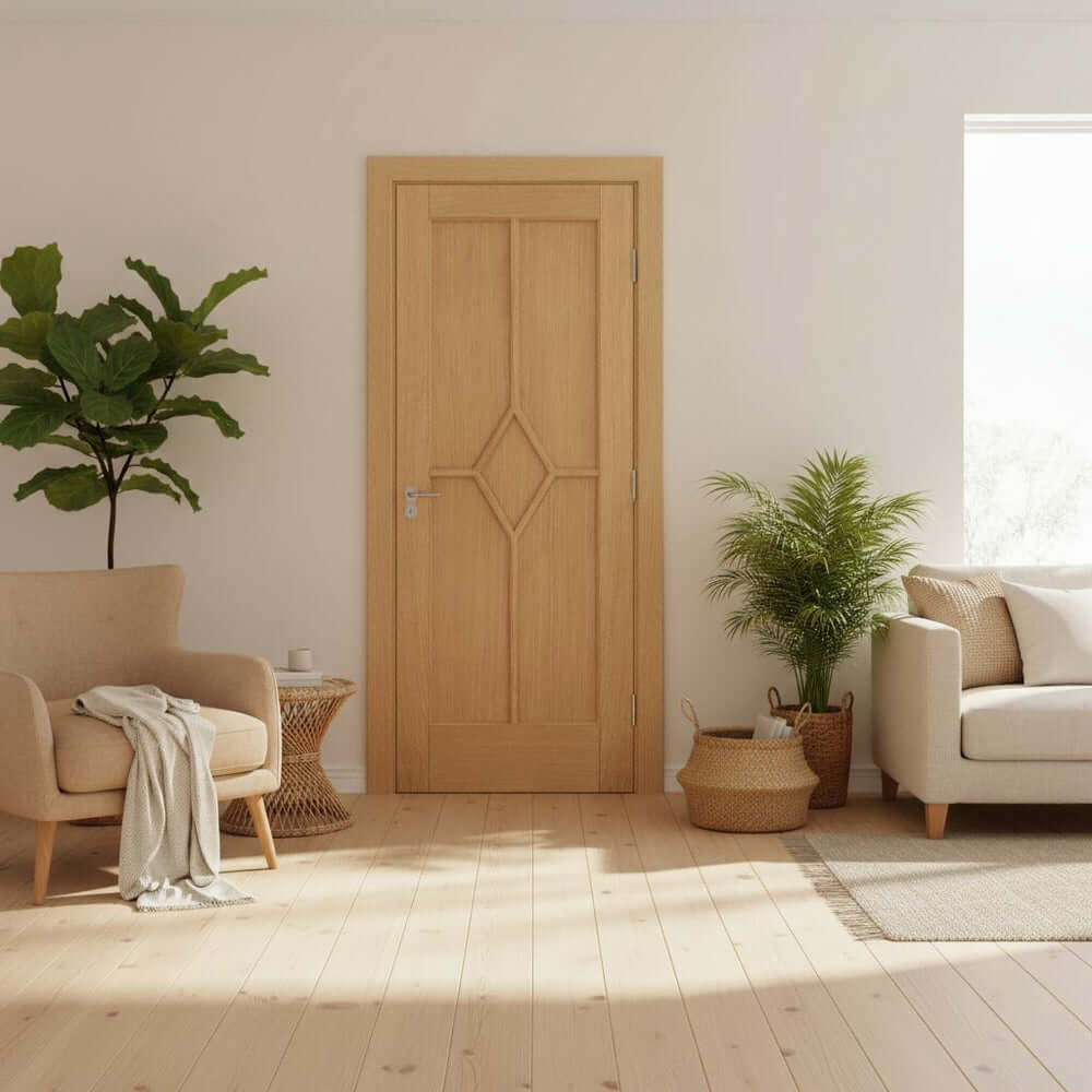 Lifestyle Reims five panel diamond prefinished oak internal door installed in a room setting