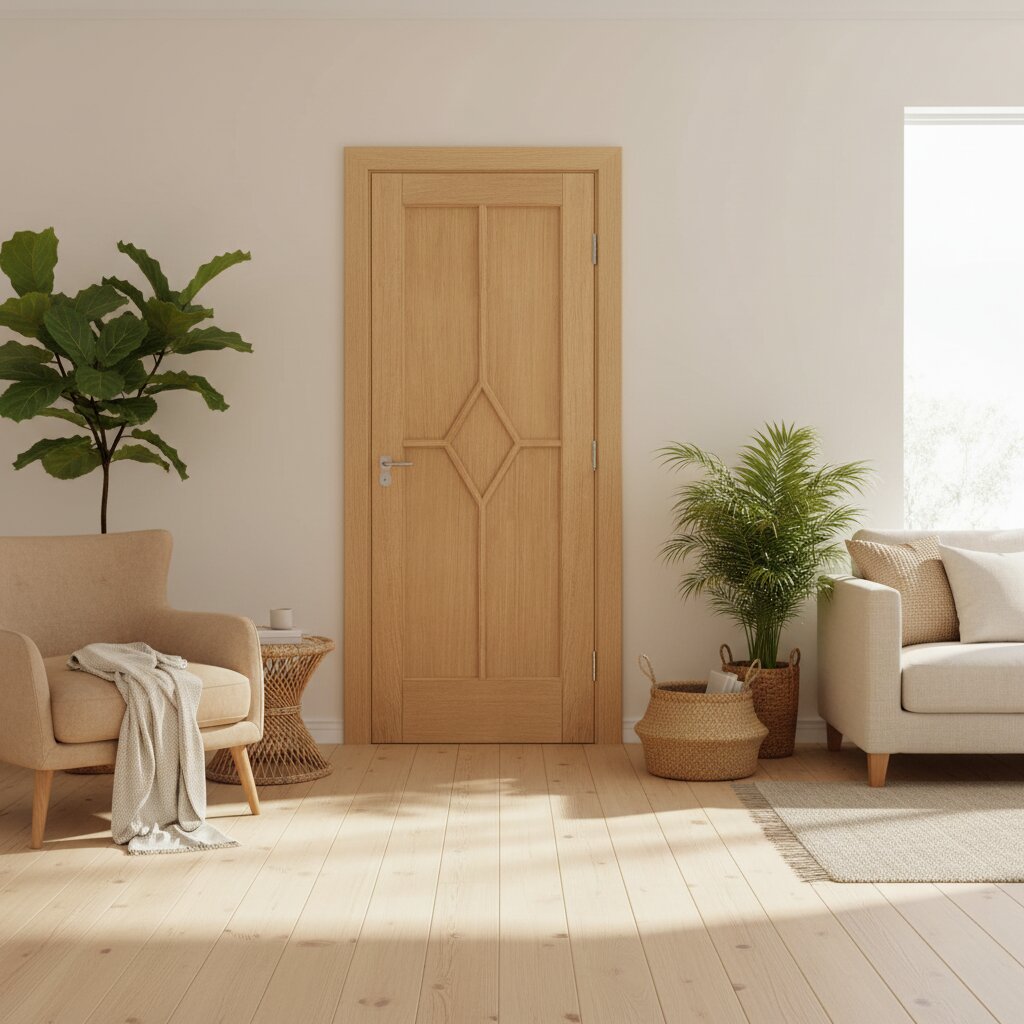 Modern living room with wooden door, plants, and furniture. Door has 5 Panels with diamond centre and is oak installed in the middle of the image