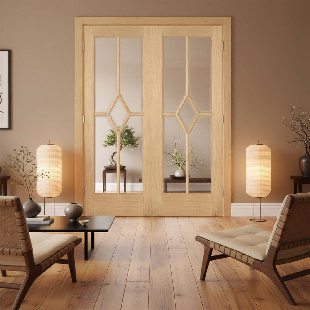 Lifestyle Reims prefinished oak glazed internal door pair installed in a room setting