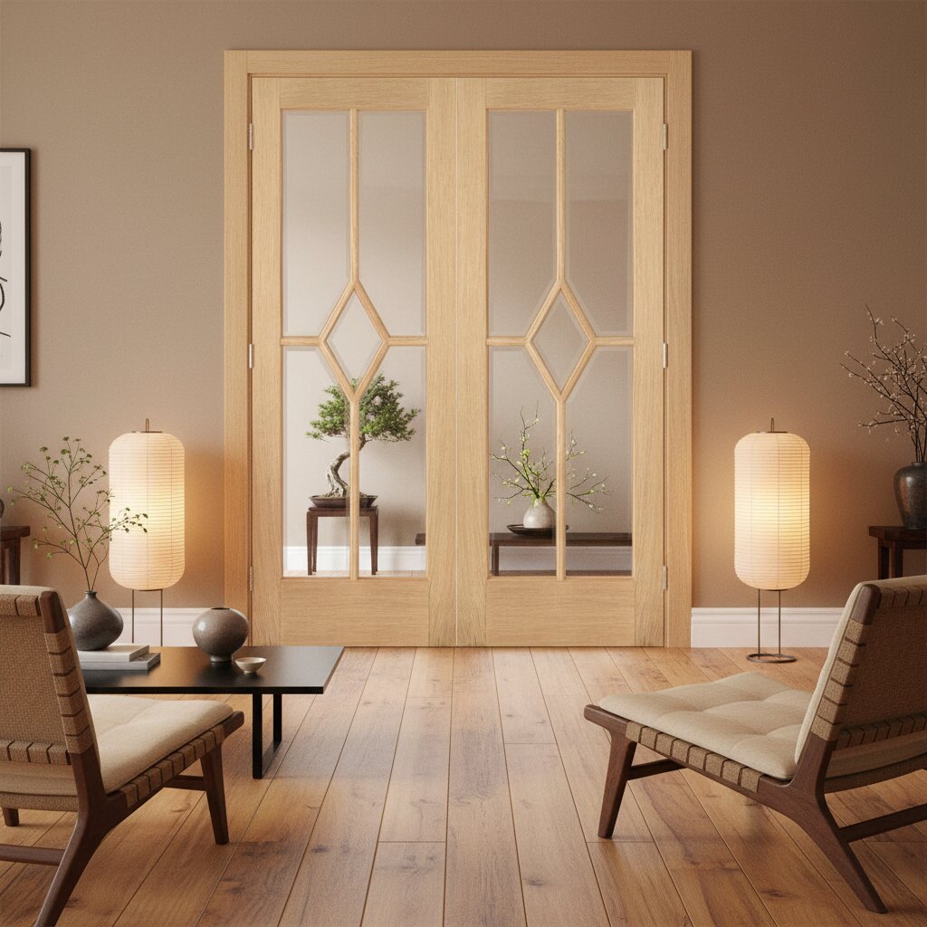 Glazed Reims Prefinished Oak Double Door with 5 Glazing panels and a diamond shaped glazed centre
