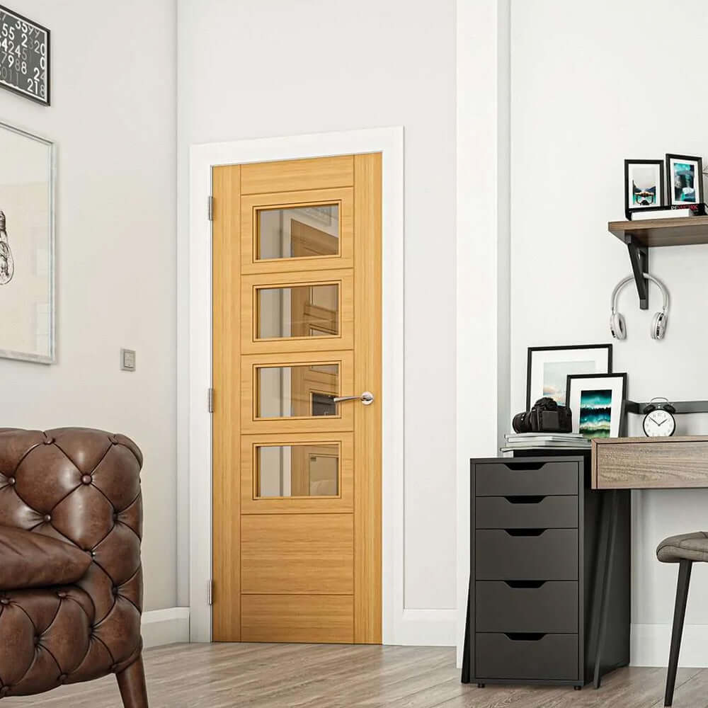 Lifestyle Seville clear glazed four panel prefinished oak door installed