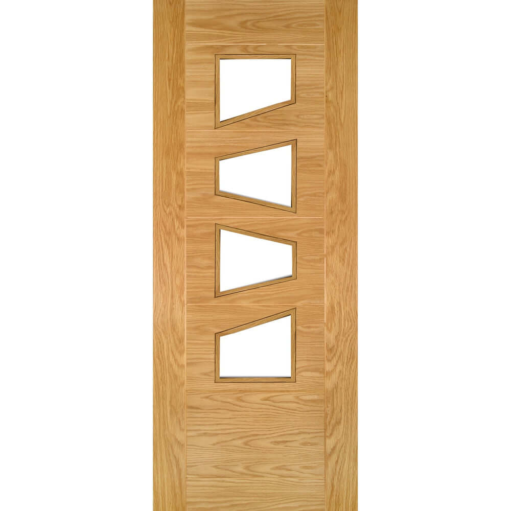 Product Seville clear glazed four panel prefinished oak door with side panel