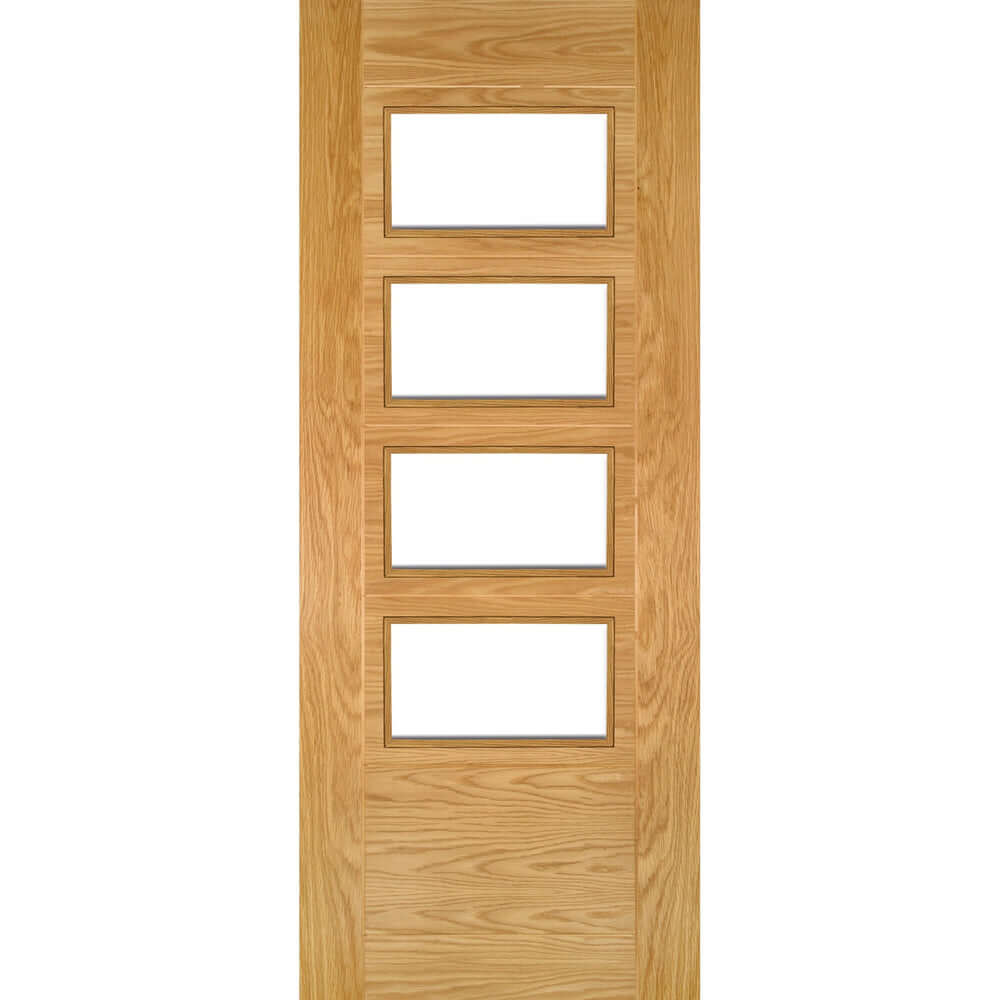 Product Seville clear glazed four panel prefinished oak door