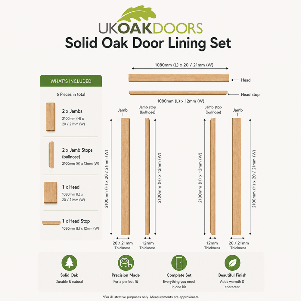 Graphic single solid oak lining set sizing diagram
