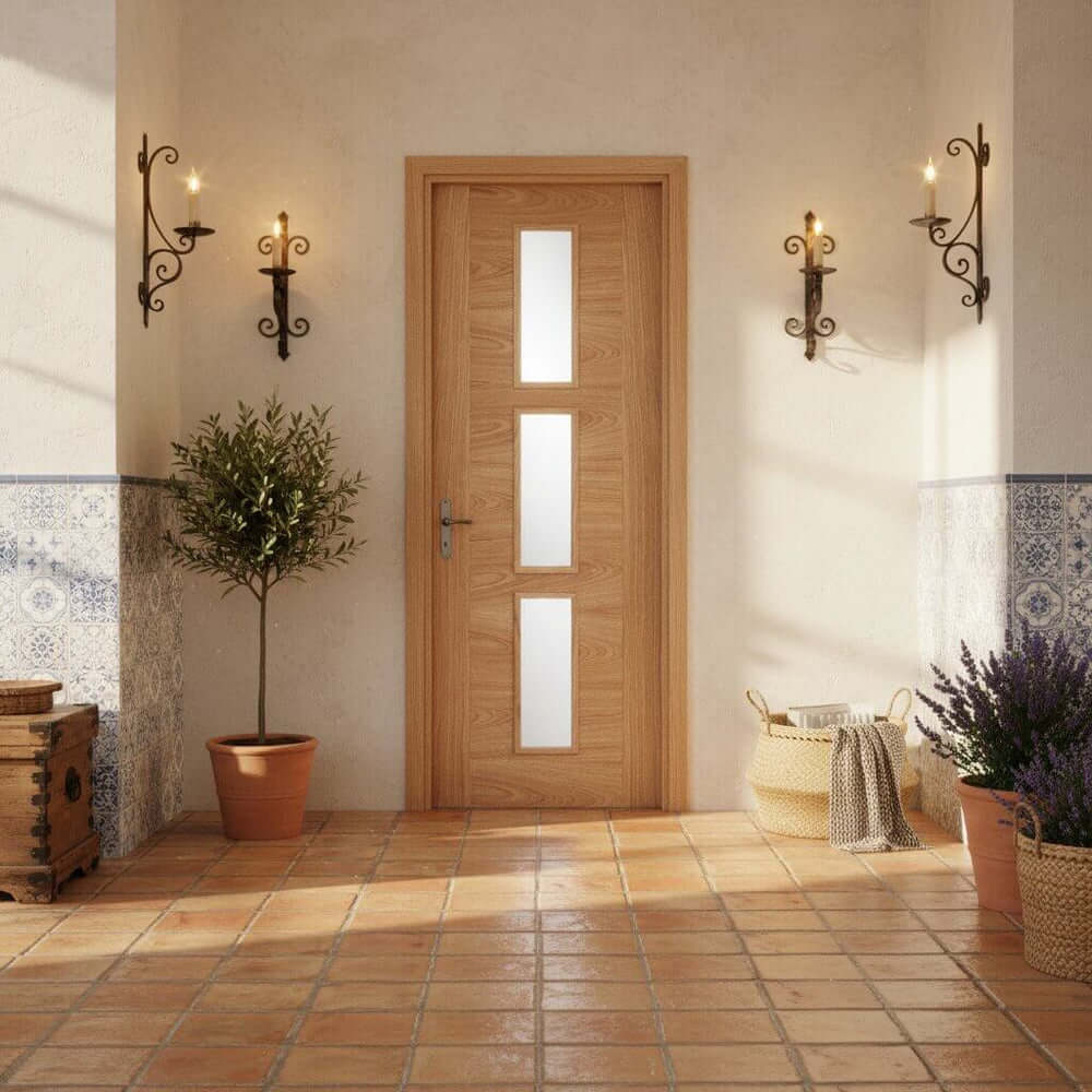Product Sofia prefinished oak three-light glazed internal door shown front-on
