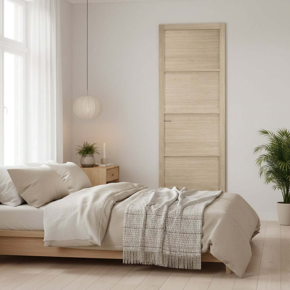 Lifestyle Soho four-light prefinished blonde oak door installed in a room setting