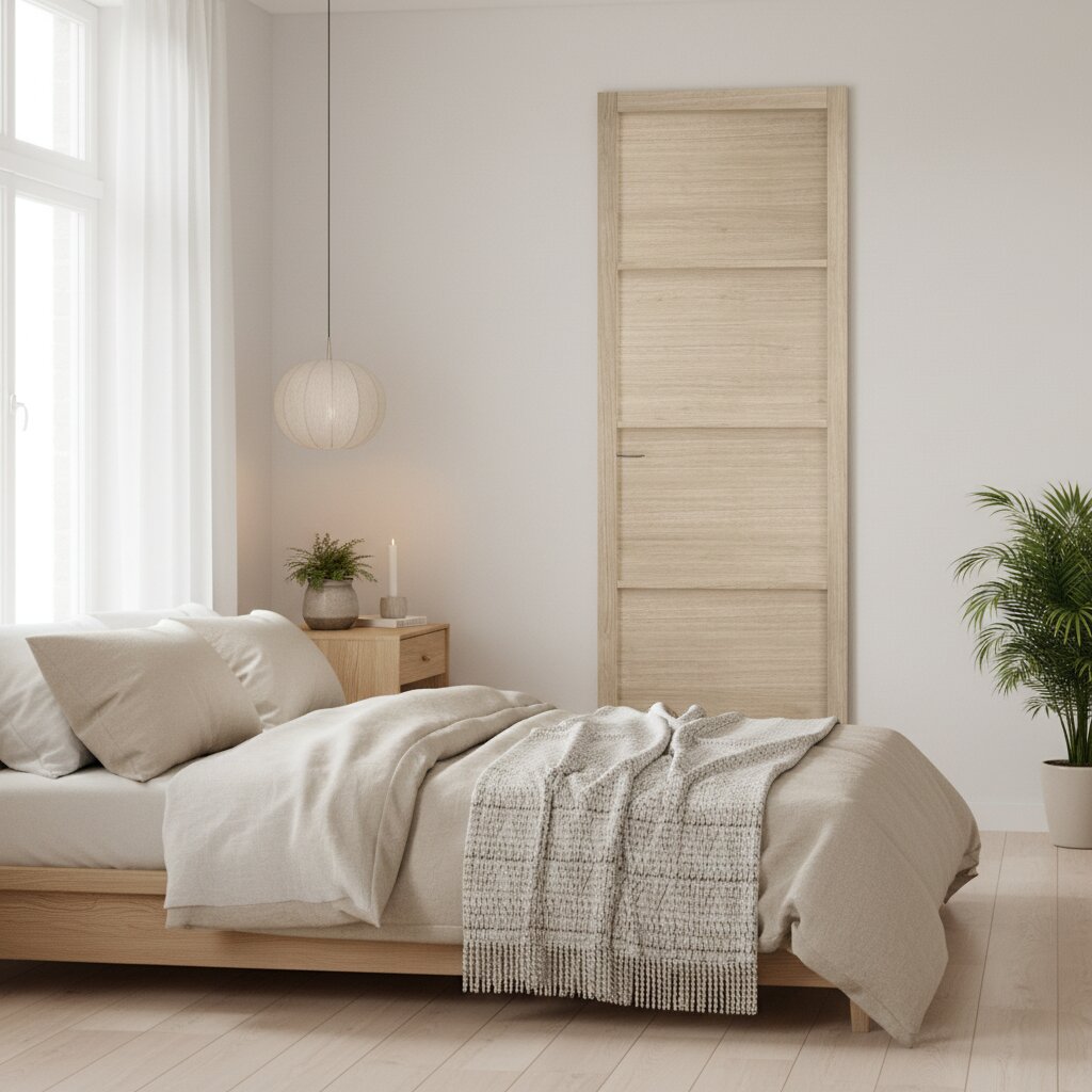 Modern bedroom with wooden bed, nightstand, and wall-mounted radiator.