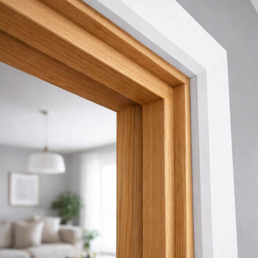 Wooden frame with a blurred living room background