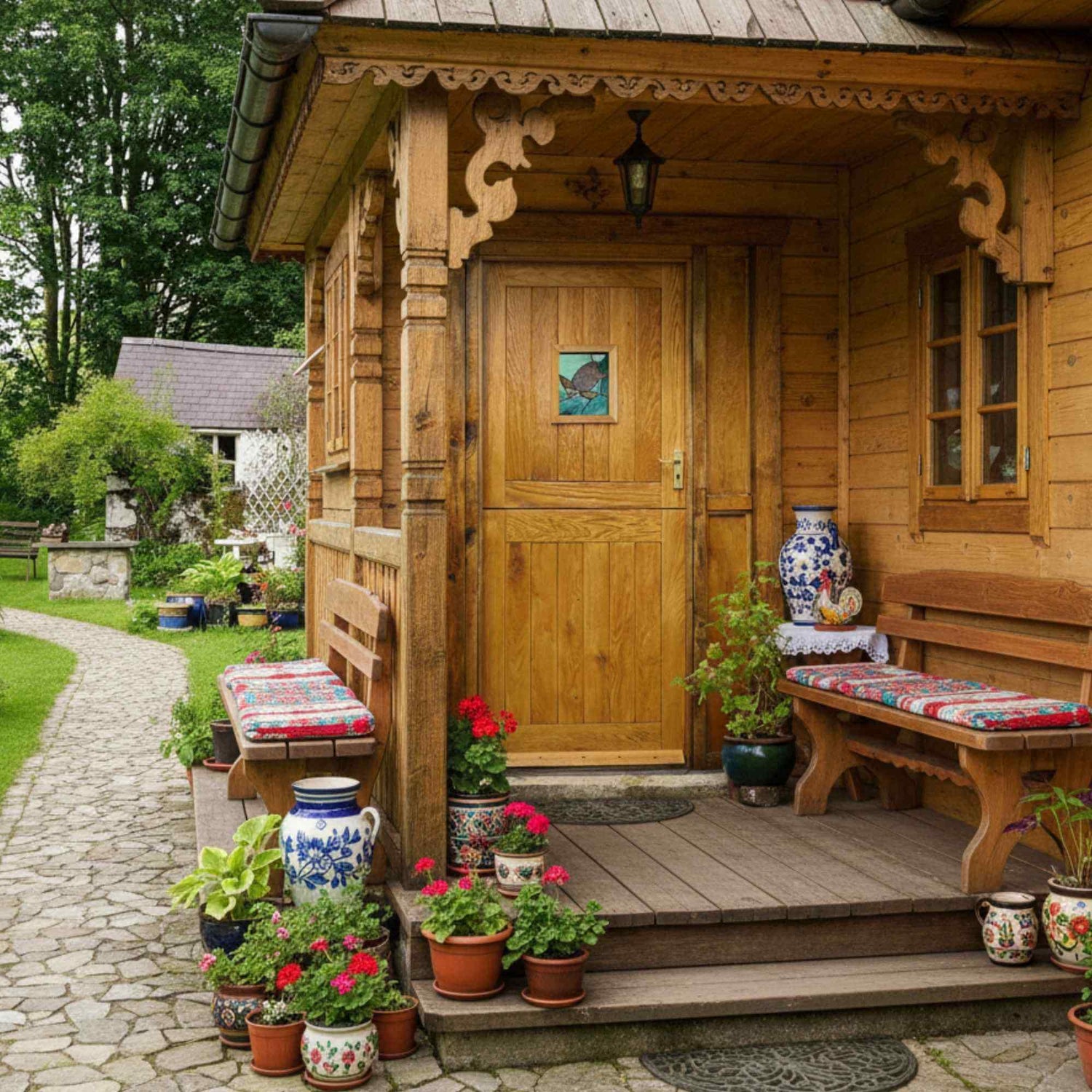 Wooden cabin with decorative elements and potted plants on a stone path