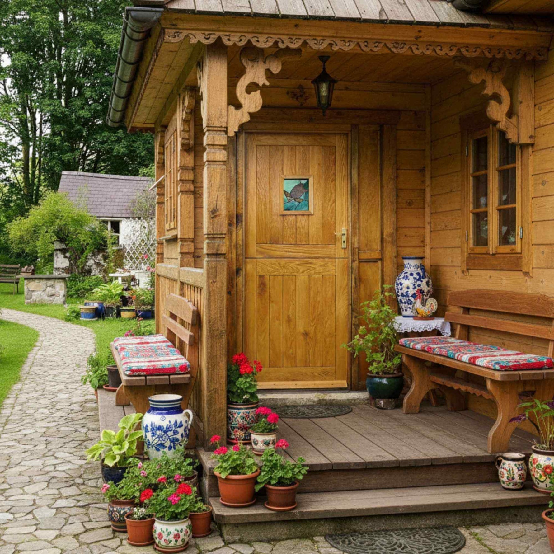 Wooden cabin with decorative elements and potted plants on a stone path