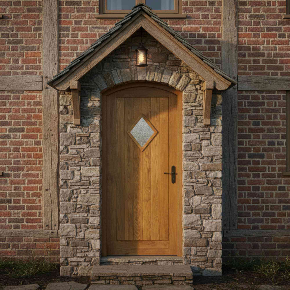 Lifestyle solid oak external traditional diamond door installed in a room setting