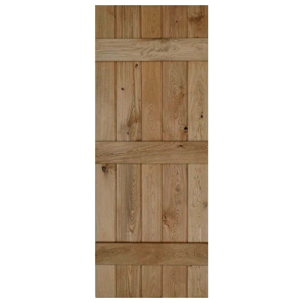 Product solid oak rustic three-ledged bead and butt barn door in antique oak oil finish