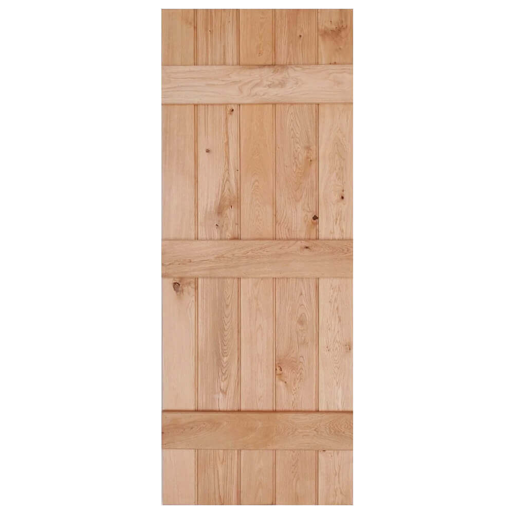 Product solid oak rustic three-ledged bead and butt barn door in clear oil finish
