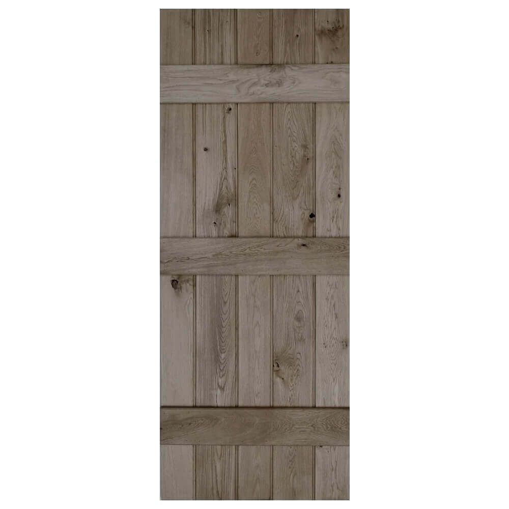 Product solid oak rustic three-ledged bead and butt barn door in ebony oak oil finish