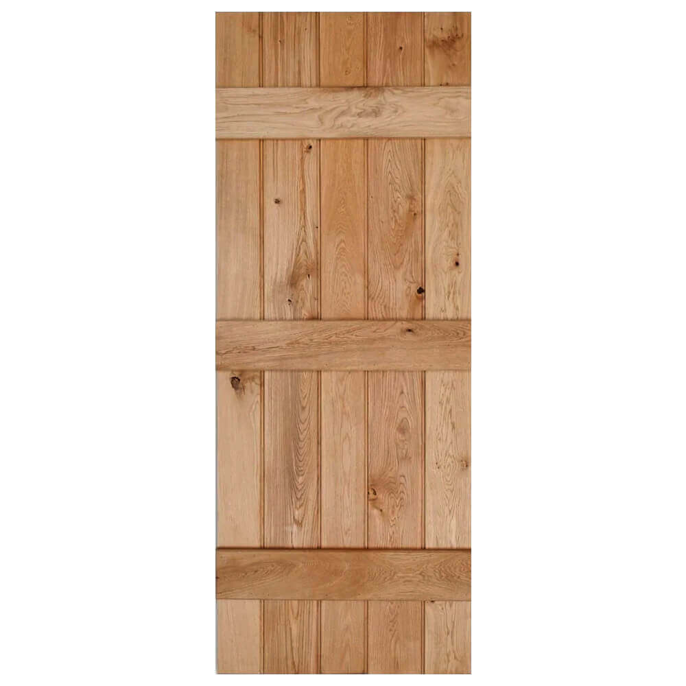 Product solid oak rustic three-ledged bead and butt barn door in medium oak oil finish