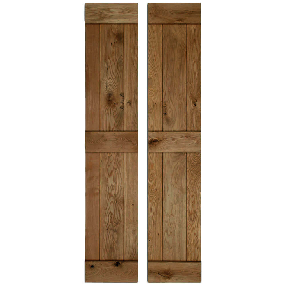 Product solid oak rustic bifold three-ledge V-groove cottage door in antique oak oil finish