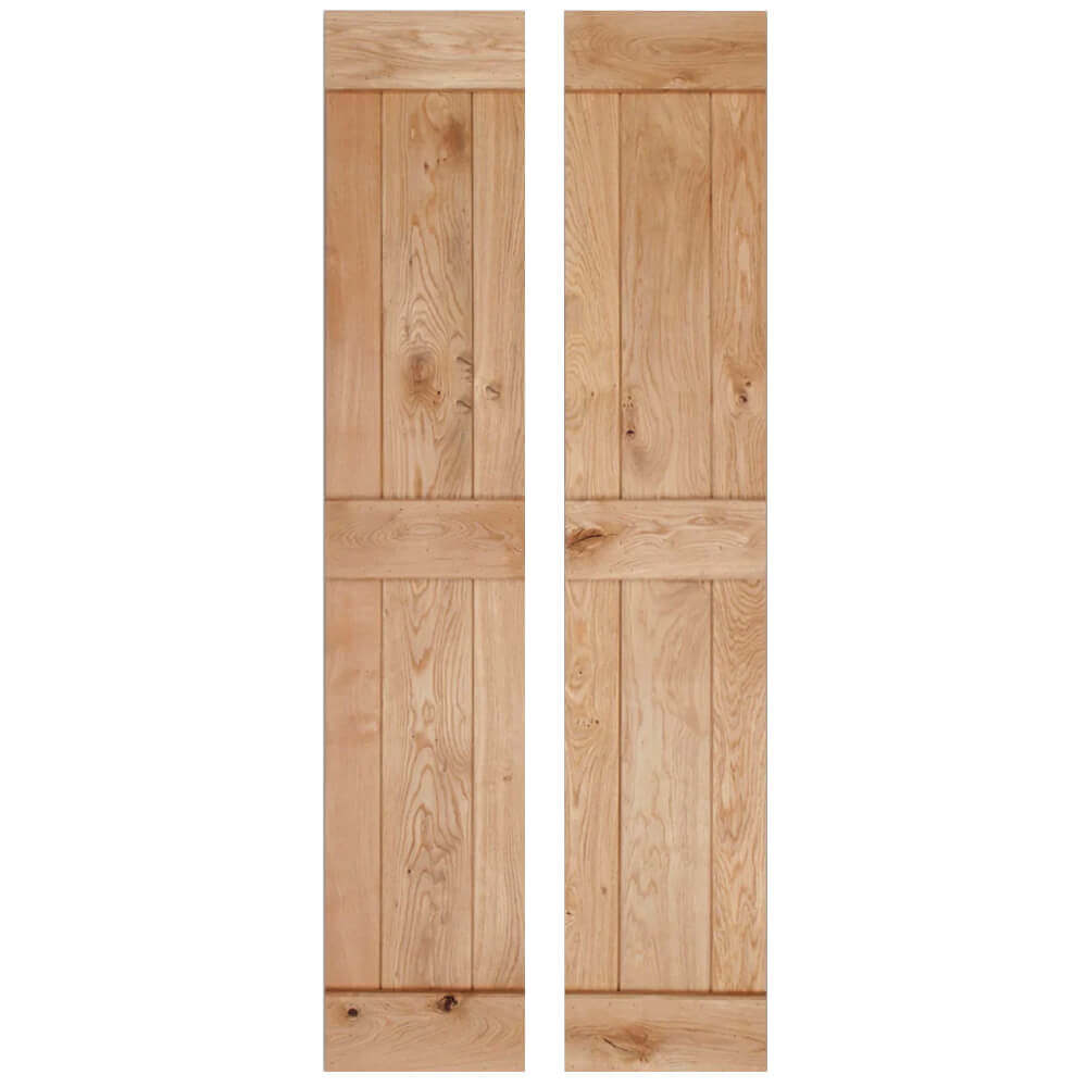Product solid oak rustic bifold three-ledge V-groove cottage door in clear oil finish