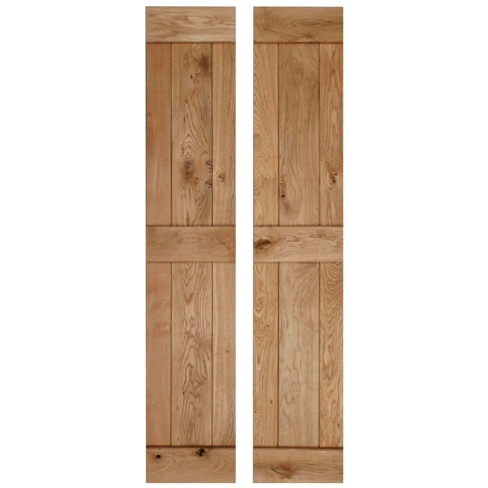 Product solid oak rustic bifold three-ledge V-groove cottage door in medium oak oil finish