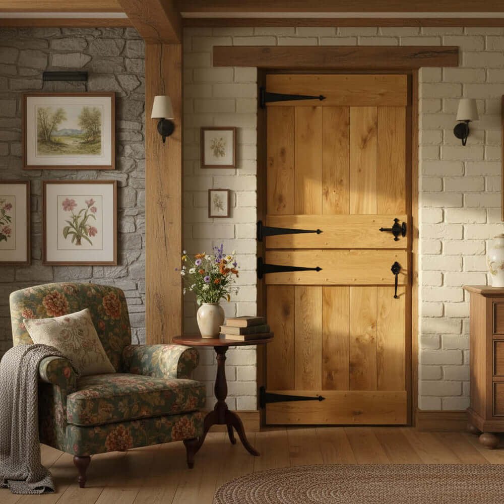 Lifestyle solid oak stable barn door installed in a home
