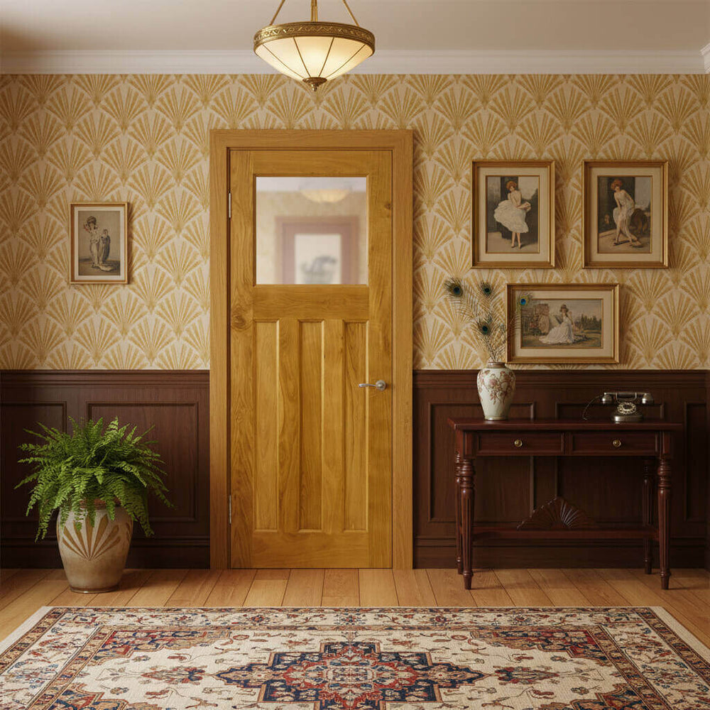 Lifestyle solid oak 1930s style glazed door installed in a home interior