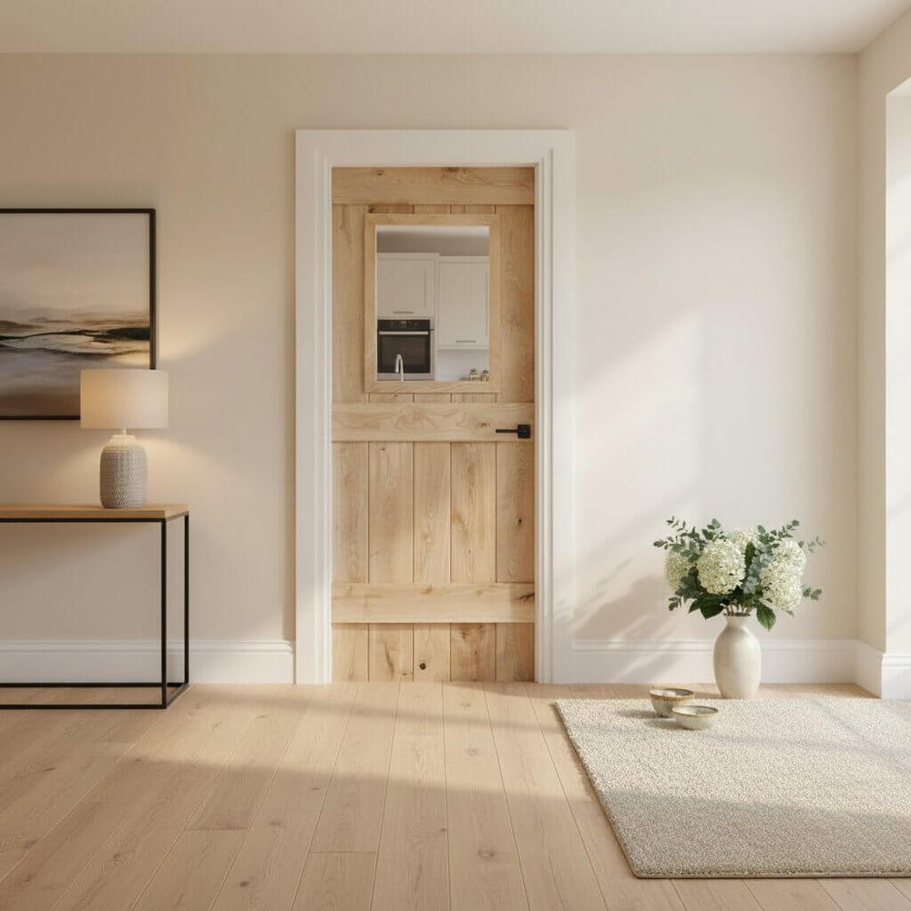 Lifestyle solid oak three-ledge unglazed rustic V-groove cottage door installed in a room setting