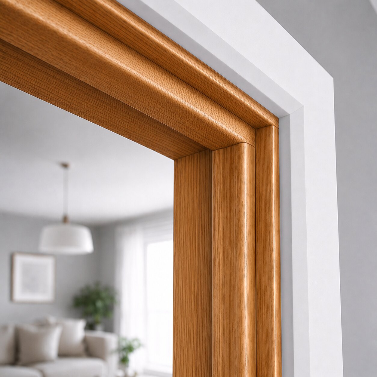 Wooden frame with a blurred living room background