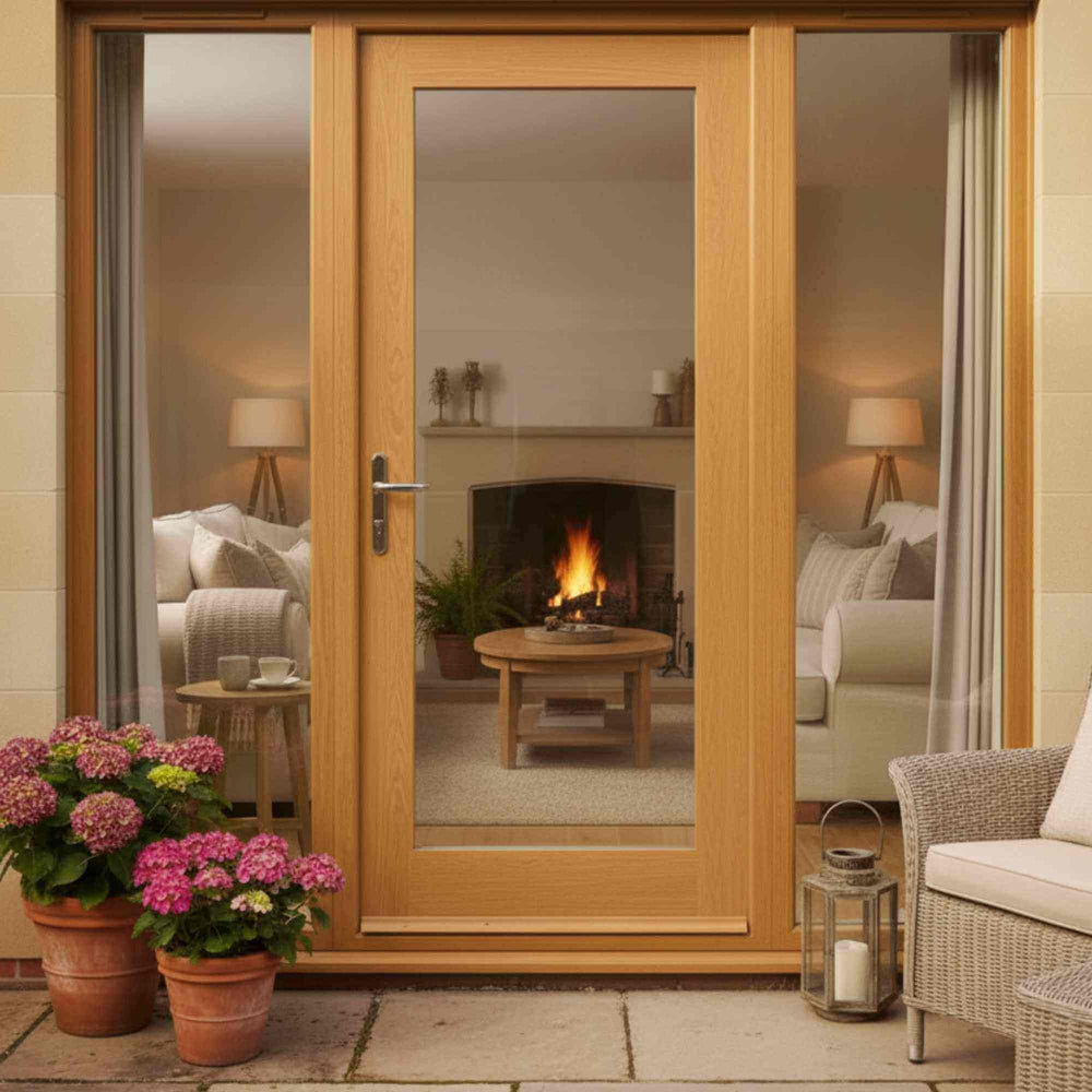 Lifestyle solid oak external French door installed in a room setting