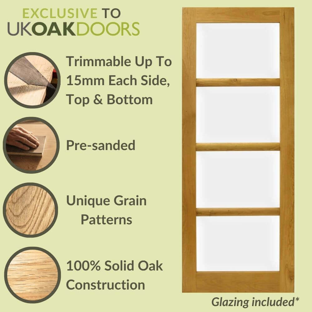 Graphic solid oak four-panel glazed French door information panel