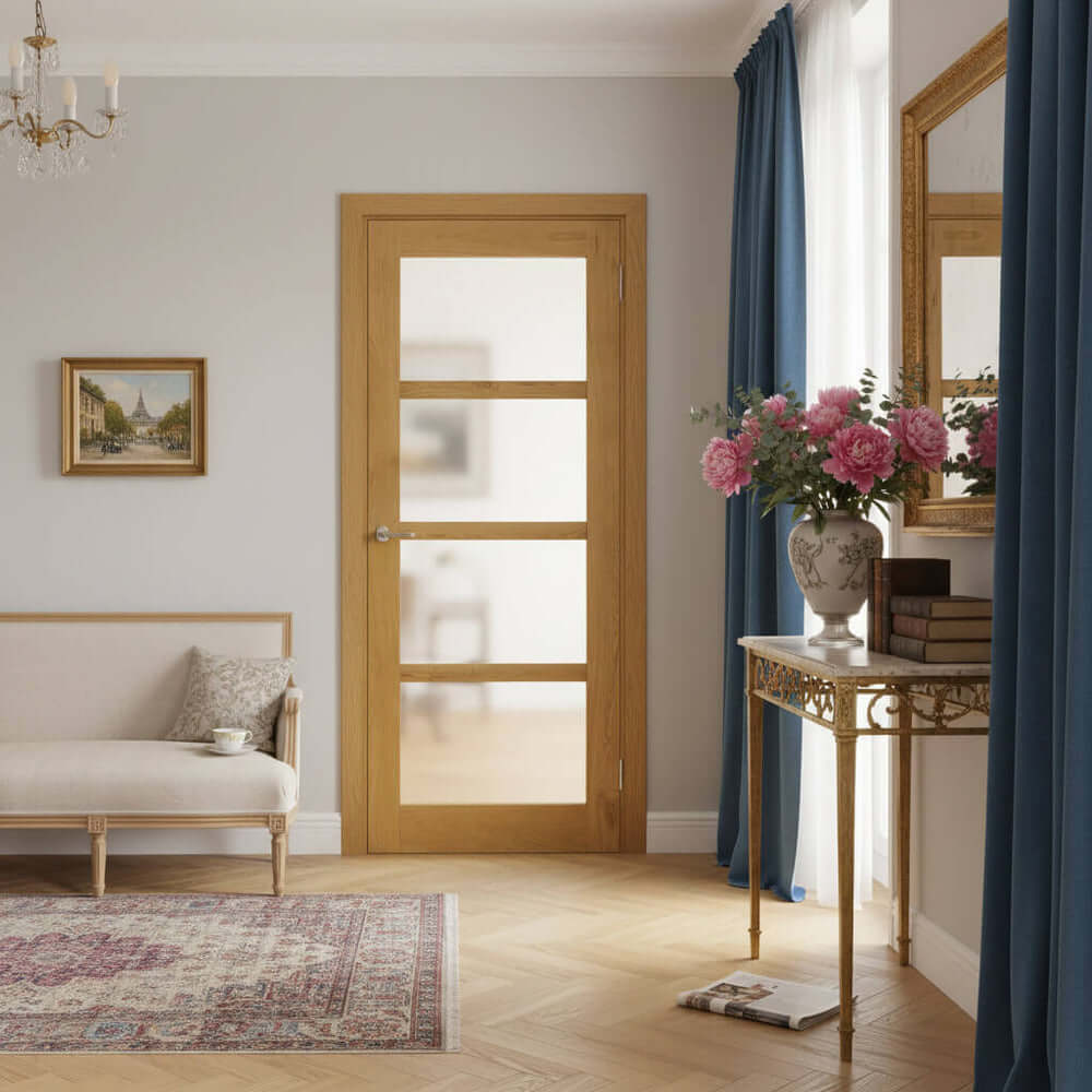 Lifestyle solid oak four-panel glazed French door installed in a home interior