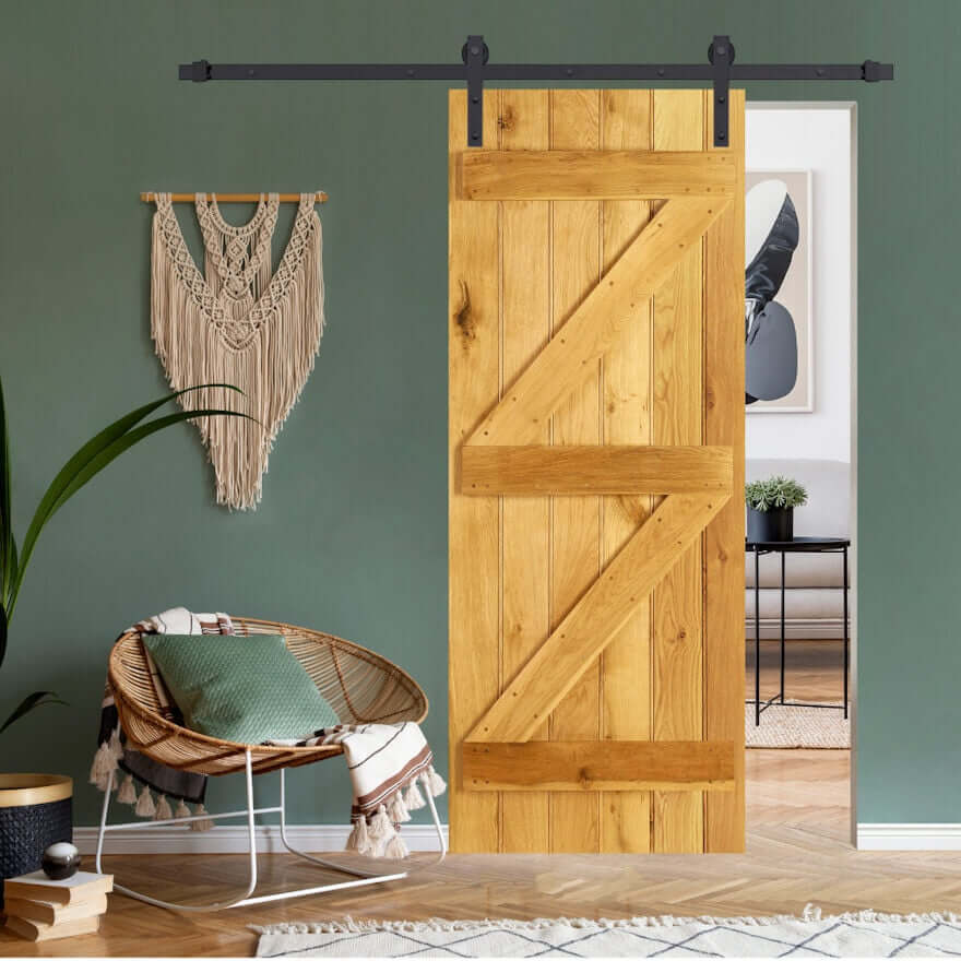 Lifestyle solid oak ledge and brace single sliding door kit installed in a room setting
